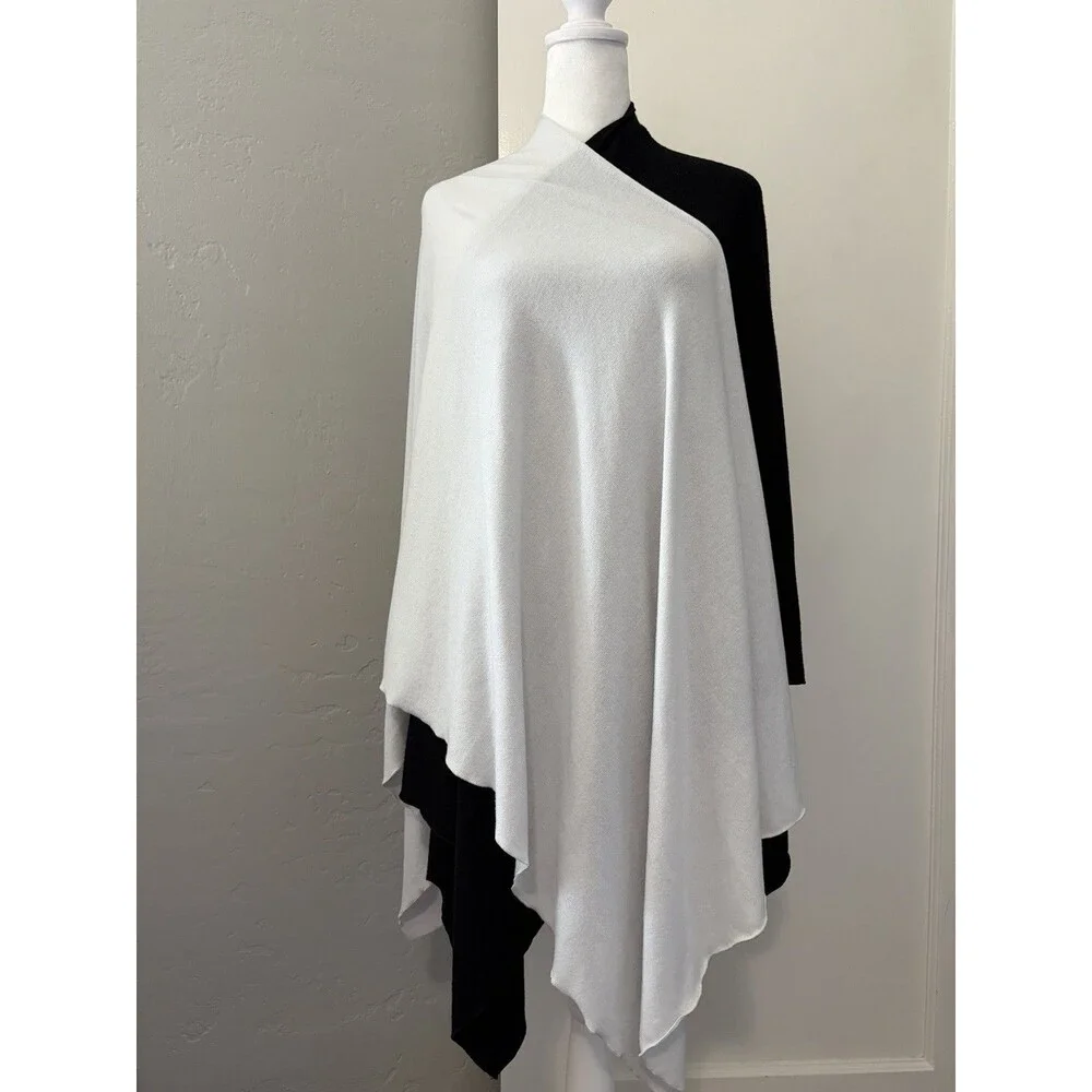 Black White Colorblock Poncho Cape Shawl Wrap Viscose Blend Travel Airplane OS